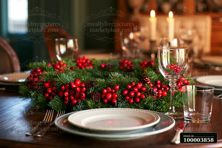 Pine wreath with red berries decorates a set dining table with glassware and candles.