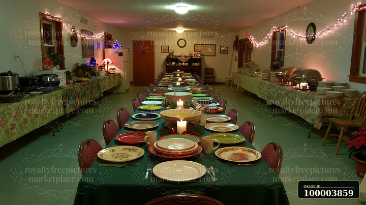 Tables are set with plates and candles in a festive dining room.