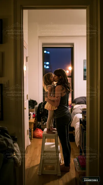 Child kisses a parent while standing on a step stool in a warmly lit bedroom at night.