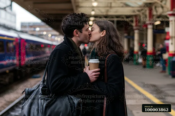 Couple kisses on a train platform while one person holds takeaway coffee and carries a shoulder bag.