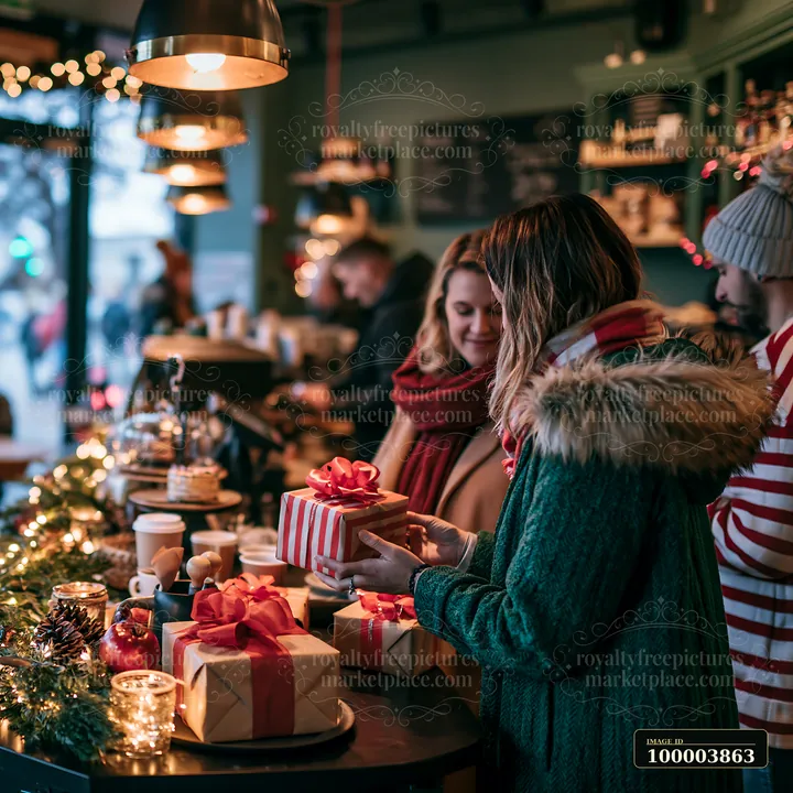 Two women enjoy selecting gifts in a festive coffee shop filled with decorations.