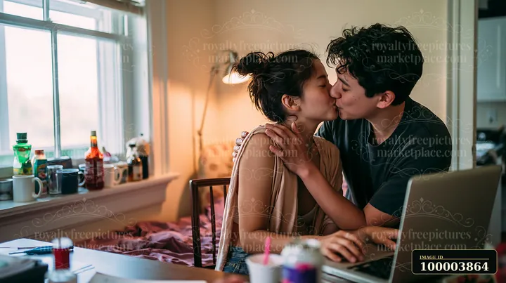 Two partners share a tender kiss at home, sitting close together on a couch with a laptop in front and various items on the table.
