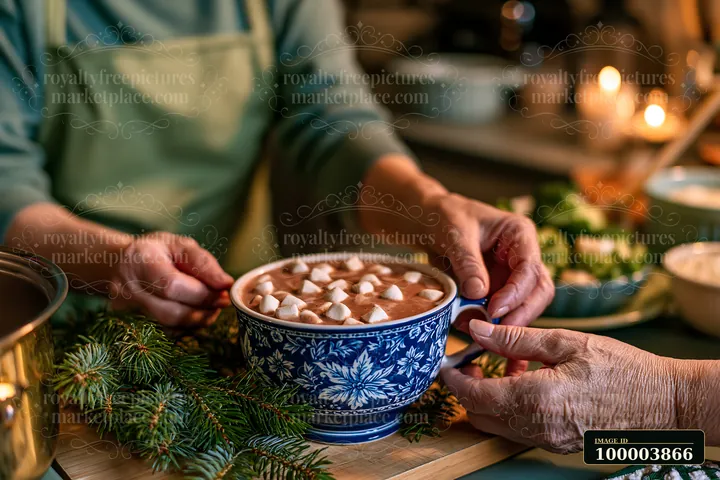 Two hands pass a bowl of warm cocoa with marshmallows in a cozy kitchen.