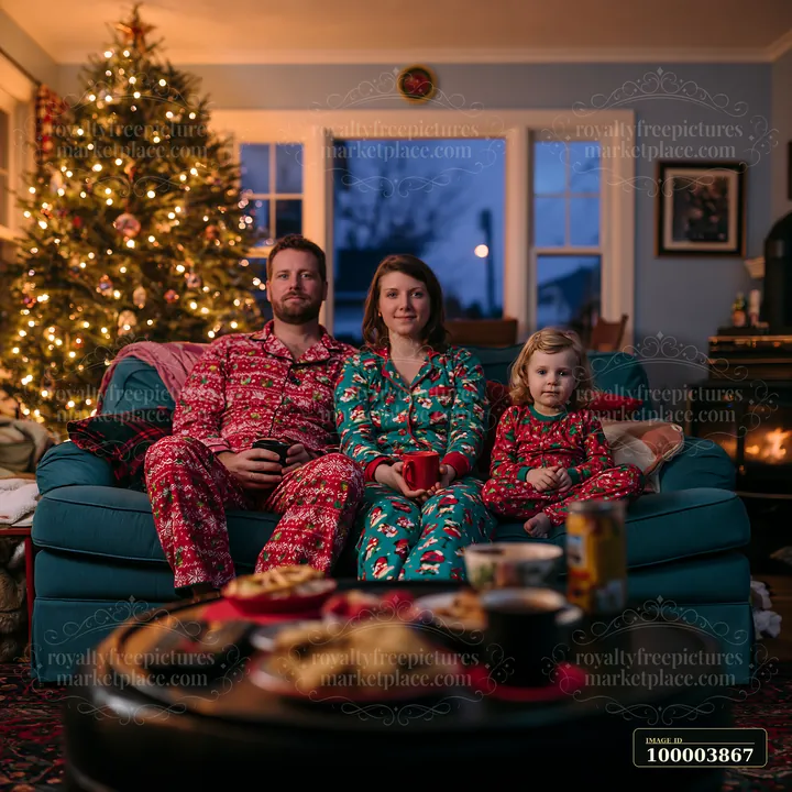 Parents and child sit together on a sofa in festive pajamas beside a glowing Christmas tree.