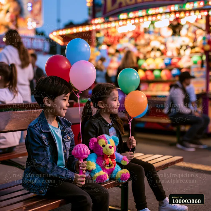 Two siblings sit on a bench holding colorful balloons at a brightly lit fairground.