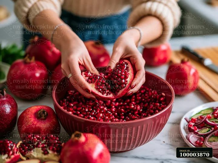Hands remove seeds from a pomegranate above a bowl in a bright kitchen setting.