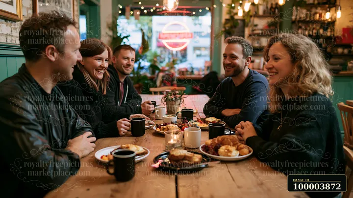 Five friends share coffee and pastries around a wooden table in a warmly lit festive coffee shop.