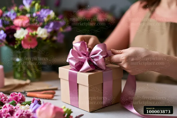 Hands tie a pink ribbon around a gift box beside colorful flowers on a tabletop.