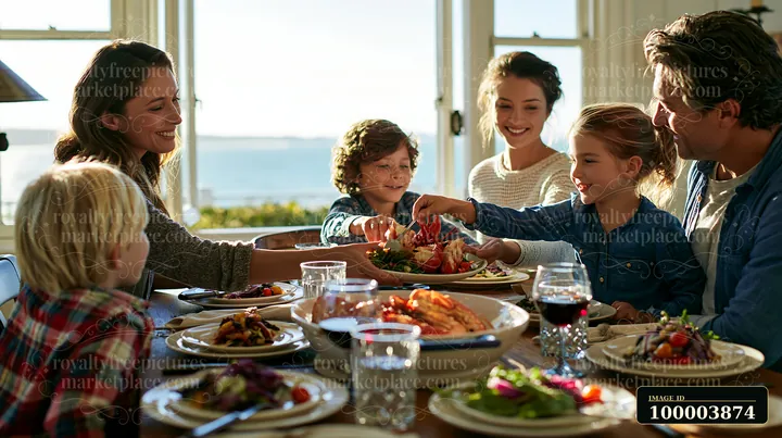 Family members pass a platter of food during a festive meal around a sunlit dining table.