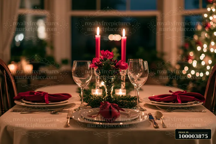 A festive dining table is set with a centerpiece featuring candles, greenery, and flowers.