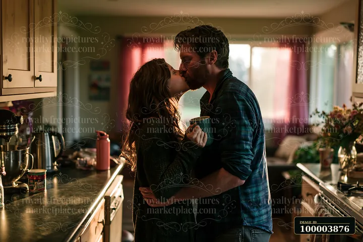 Couple embraces and shares a kiss in a warmly lit home kitchen while one partner holds a mug.
