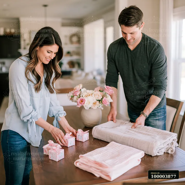 A man and woman are placing wrapped gifts on a dining table in a well-lit room.
