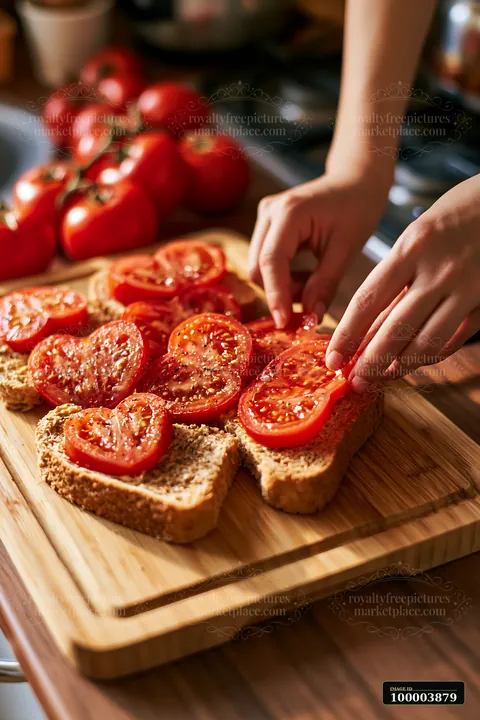 Hands arrange tomato slices on toasted bread atop a wooden cutting board in a warm kitchen.