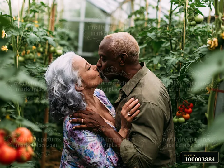 A couple shares a romantic kiss in a greenhouse filled with tomato plants.