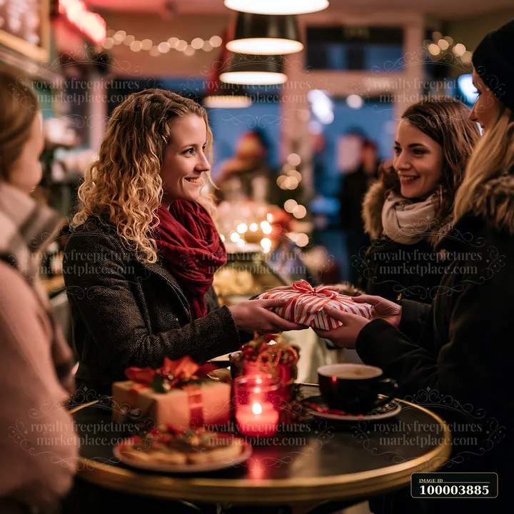 Friends gather at a festive coffee shop, sharing gifts and treats while enjoying warm beverages.