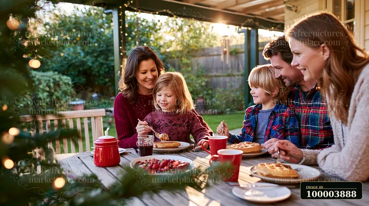 A family sits together at a wooden table enjoying breakfast on Christmas morning.