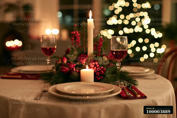 A beautifully arranged Christmas table features a centerpiece with flowers and candles, wine glasses, and plates, set against a backdrop of a decorated tree and