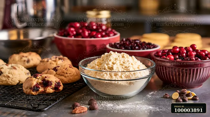 Flour is in a glass bowl on a counter surrounded by baking ingredients.