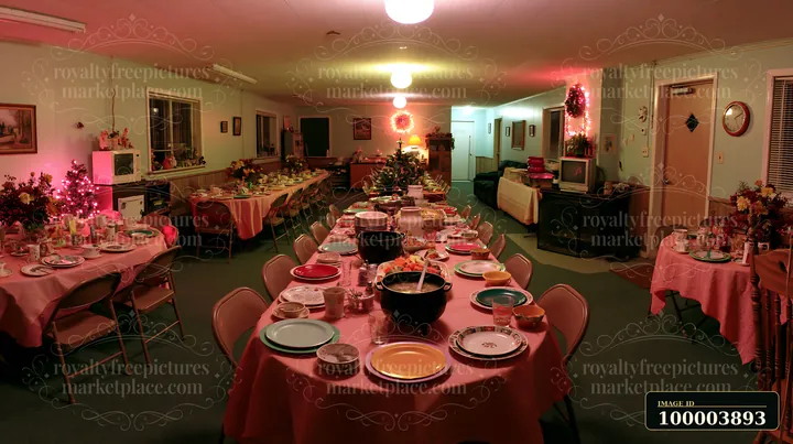 A spacious room is set up for guests with multiple tables neatly arranged and covered in pink cloth.