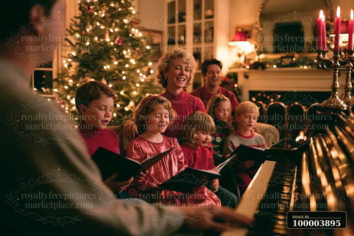 A family gathers around a piano singing Christmas carols together.