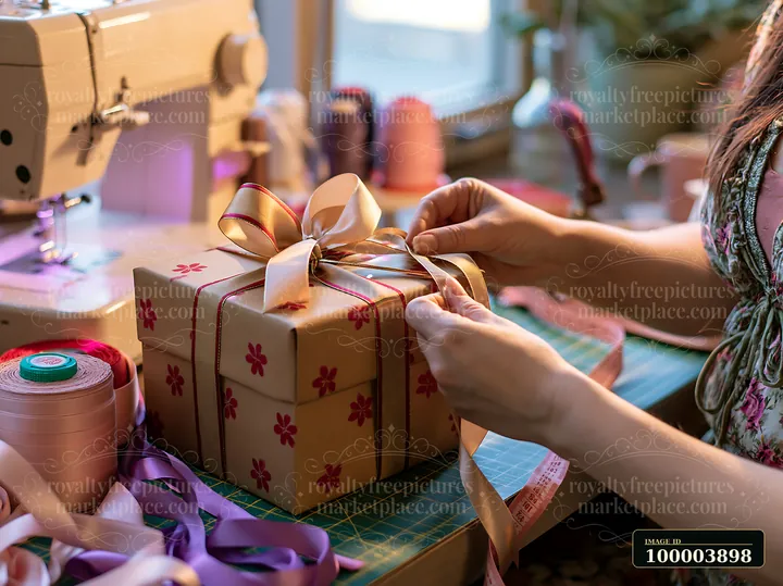 A person ties a ribbon around a gift box on a table beside a sewing machine.