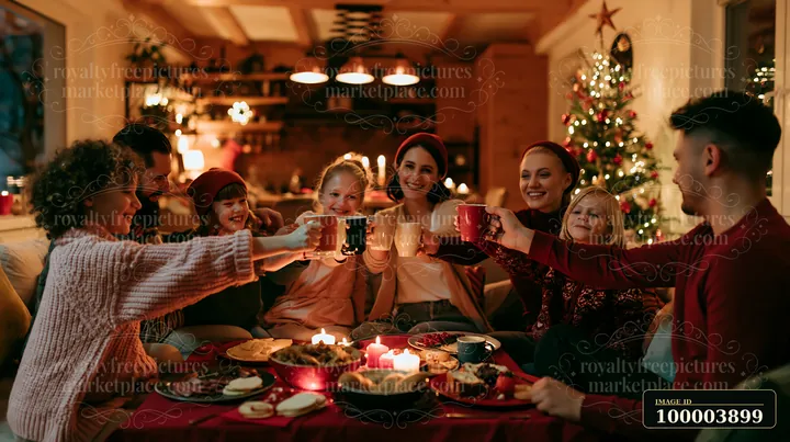 A group of family members sits together in a cozy living room, raising mugs filled with drinks while celebrating.