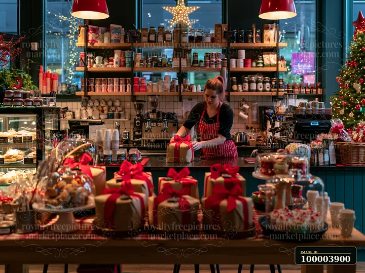 Barista arranges a wrapped gift behind a festive coffee shop counter with pastries, shelves, and a decorated Christmas tree.