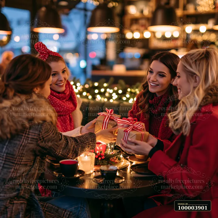 Four friends are sitting at a table in a cozy coffee shop, happily exchanging wrapped gifts.