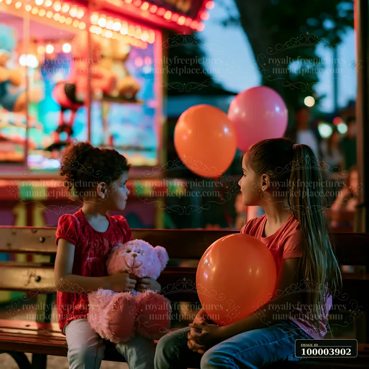 Two girls sit on a fairground bench with balloons and a teddy bear near illuminated rides.