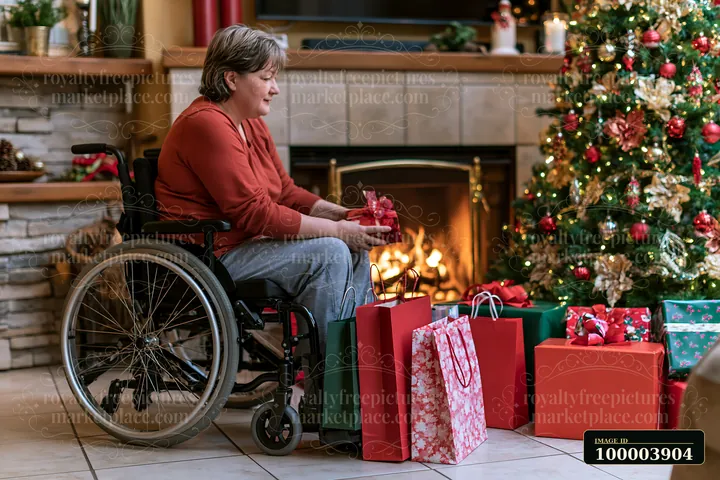 Woman in a wheelchair holds a wrapped gift beside shopping bags, a lit fireplace, and a decorated Christmas tree.