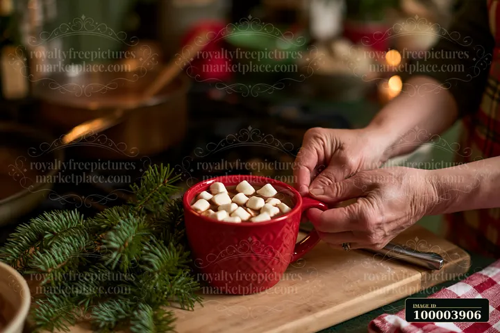 Hands hold a red mug of cocoa topped with marshmallows beside evergreen branches on a wooden board.