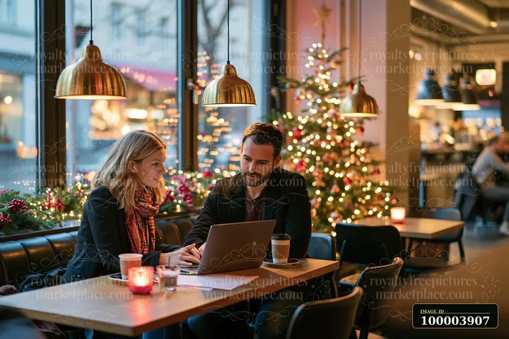 Two people work together on a laptop inside a warmly decorated festive coffee shop.