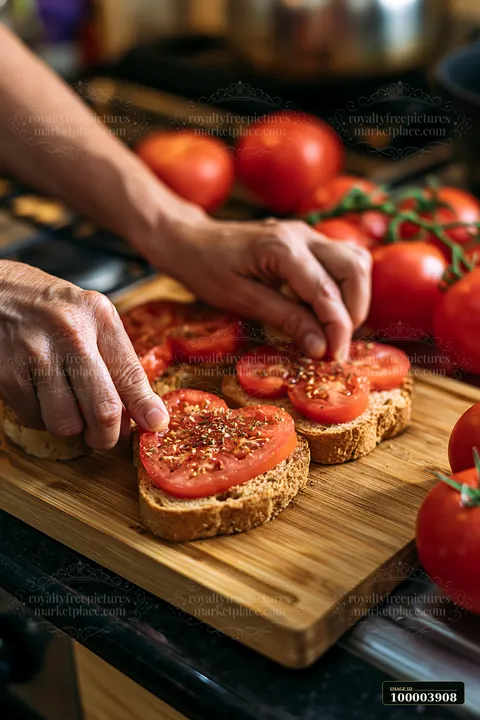 Hands arrange seasoned tomato slices on bread on a wooden cutting board in a warmly lit kitchen.