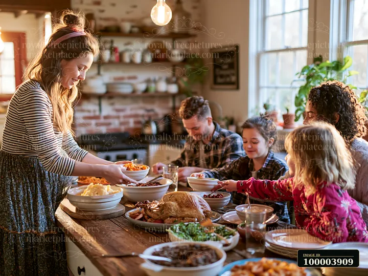 A family shares a large meal in a warm dining area with sunlight streaming in.
