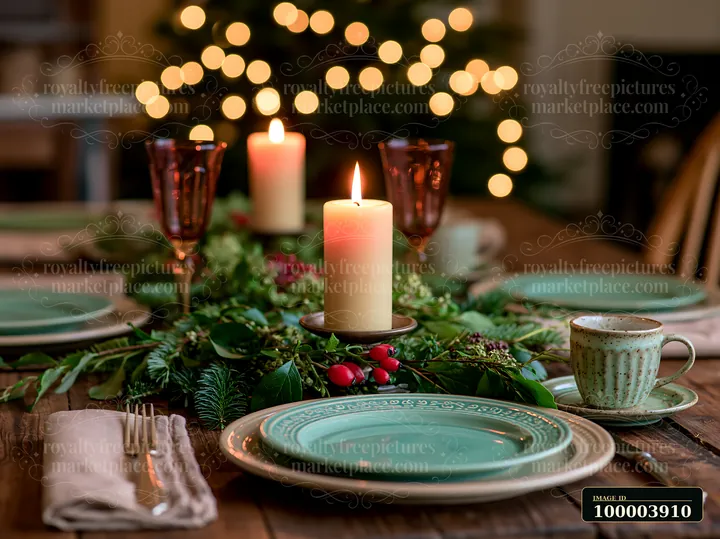 Christmas centerpiece with lit candles, evergreen greenery, berries, and tableware on a warmly lit dining table.