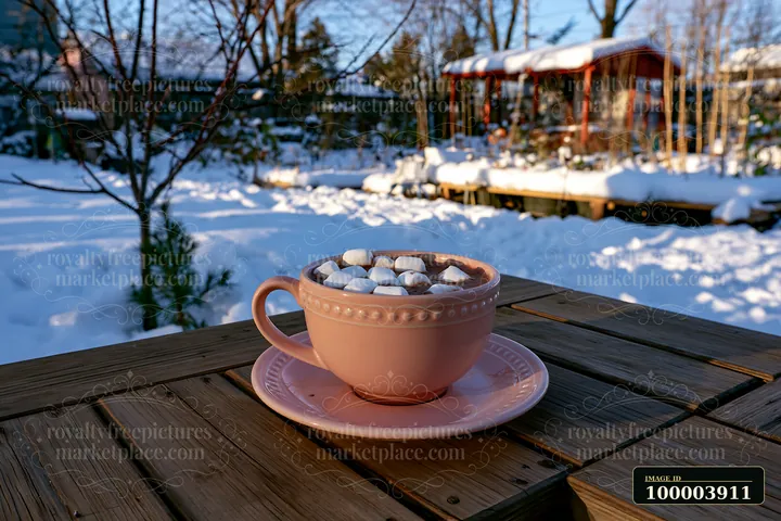 Pink cup of cocoa topped with marshmallows on a wooden table beside a tree in a snowy garden.