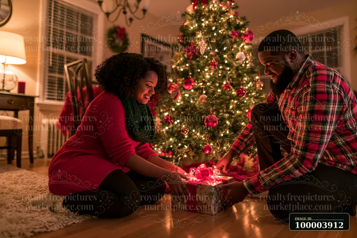 Two parents place wrapped gifts beneath a decorated Christmas tree in a warmly lit living room.