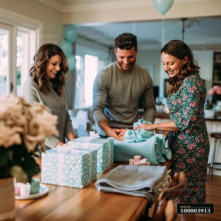 Three adults are arranging gifts on a dining table in a bright room.