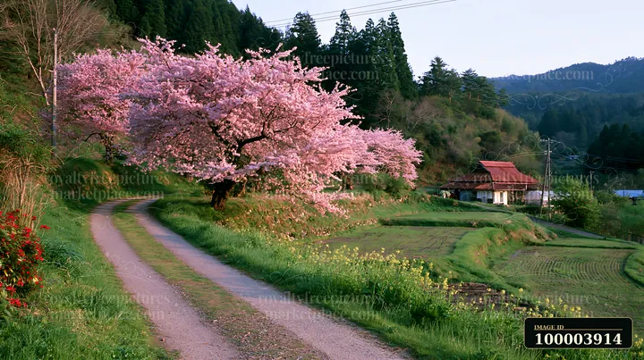 Cherry blossoms along a rural Japanese road create a beautiful scene near traditional houses and fields.