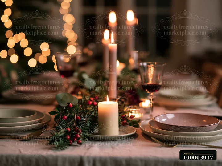 Candlelit Christmas centerpiece with evergreen branches and berries on a set dining table, leaving open copy space on the right.
