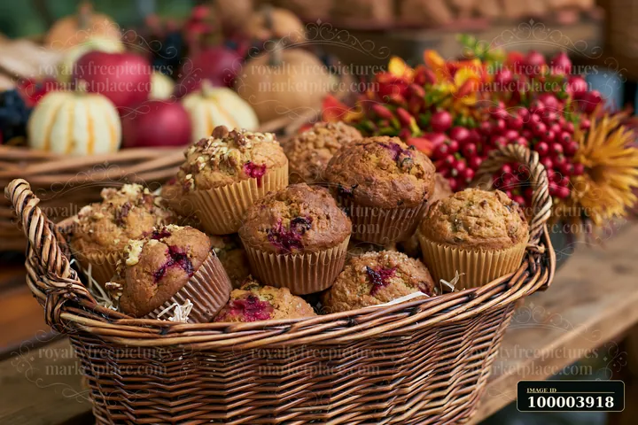 Assorted muffins fill a woven basket beside pumpkins, apples, berries, and autumn flowers on a wooden table.