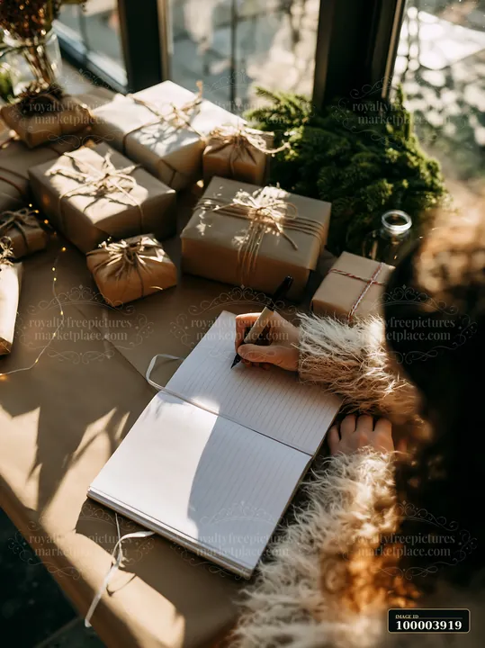 Person writes in a notebook beside wrapped gifts and a small evergreen tree at a sunlit desk.