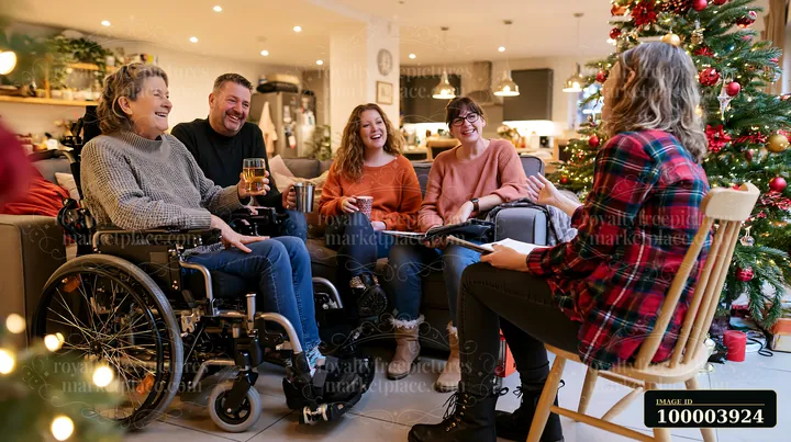 Family sings Christmas carols indoors beside a decorated tree in a warmly lit living room.