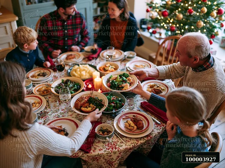 Family members of several generations share a festive Christmas meal around a dining table beside a decorated tree.