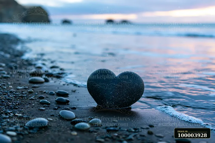 A heart-shaped stone rests on the beach near the ocean as waves gently wash ashore.