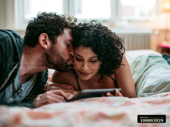 Couple kisses on a bed while looking at a tablet in a bright bedroom.