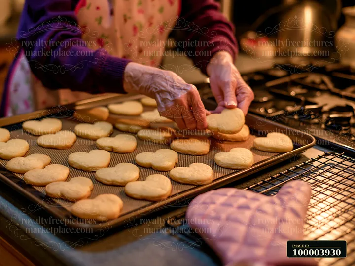Person arranges heart-shaped cookies on a baking tray beside cooling racks in a warm kitchen.