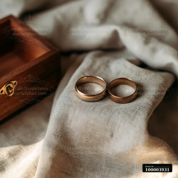 Two wedding rings rest on textured linen beside an open wooden jewelry box in soft morning light.