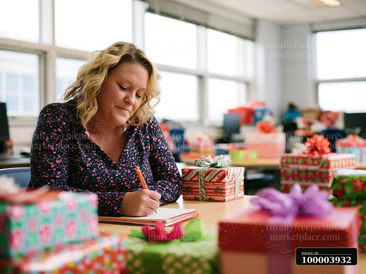A woman is sitting at a desk in a room filled with wrapped gifts.