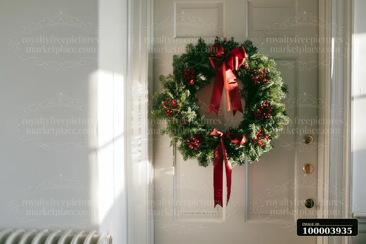 Evergreen Christmas wreath with red ribbons and berries hanging on a paneled apartment door.